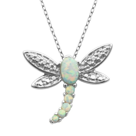 Sterling Silver Created Opal and Diamond Accent Dragonfly Pendant Necklace, 18