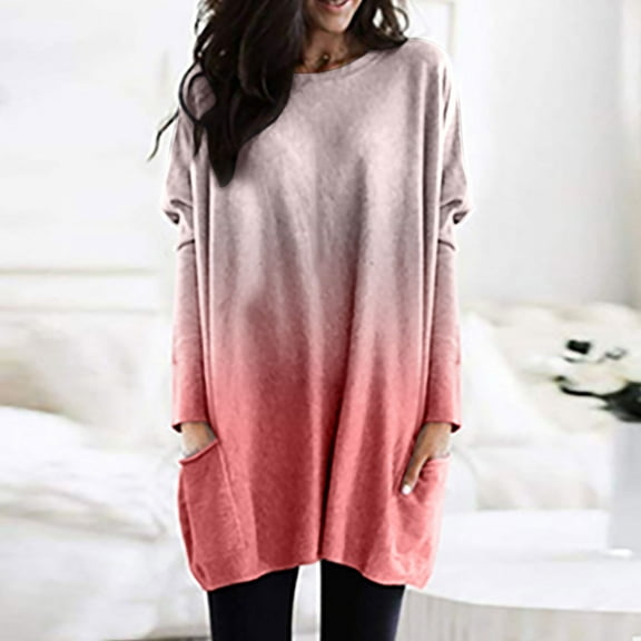 Okbop Womens Summer Tops,Spring And Autumn Round Neck Gradient Color Long-Sleeved Casual Pocket T-Shirt Top Womens Blouse T Shirts for Women