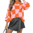 thumbnail image 3 of Women's Fall Fashion Roll-Neck Long Sleeve Plaid Ribbed Knit Loose Pullover Sweater Tops Orange Checkered S, 3 of 9