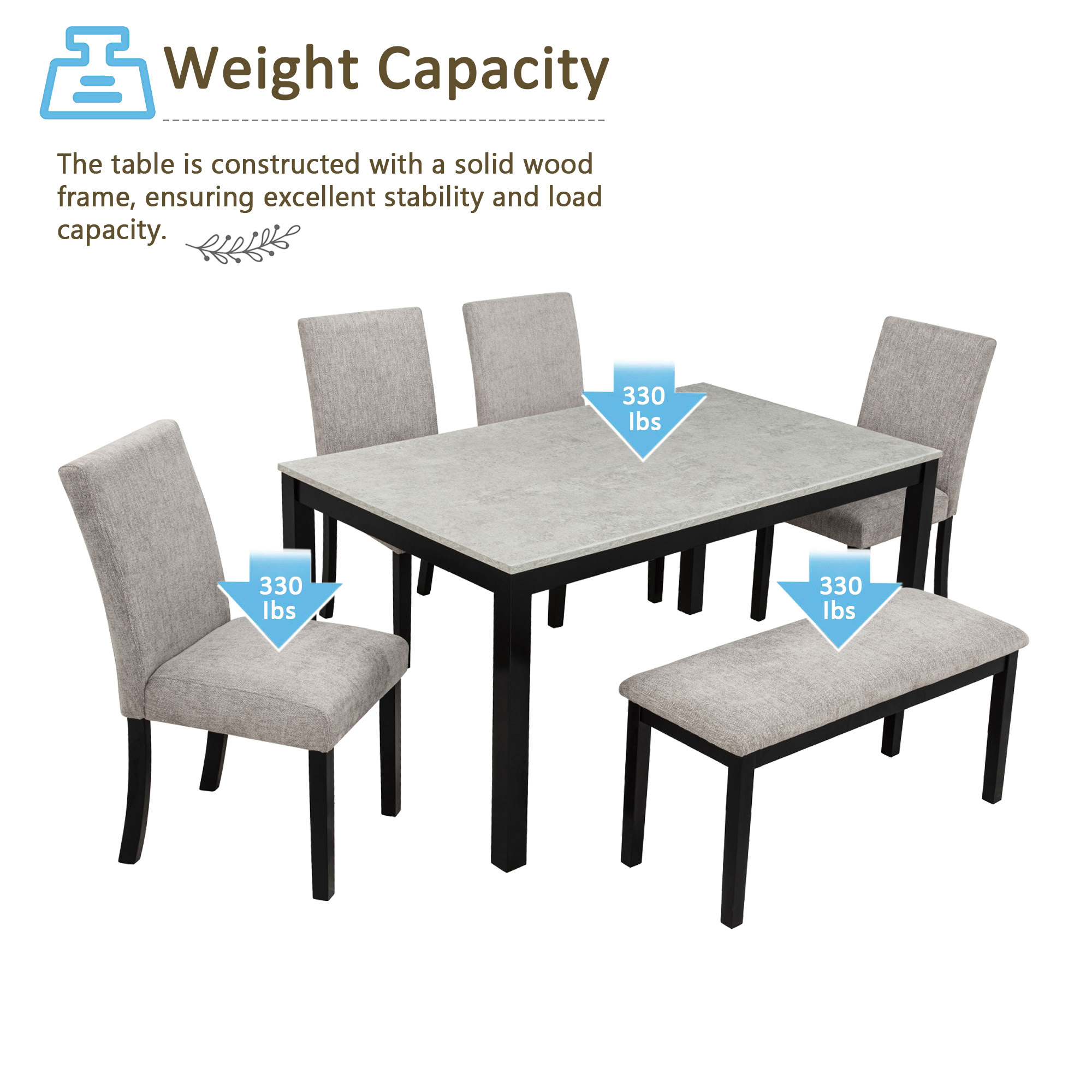 MAYEERTY 6-Piece Dining Table Set with Bench, for 4-6 Person Kitchen Dining Room Restaurant, Grey & Black