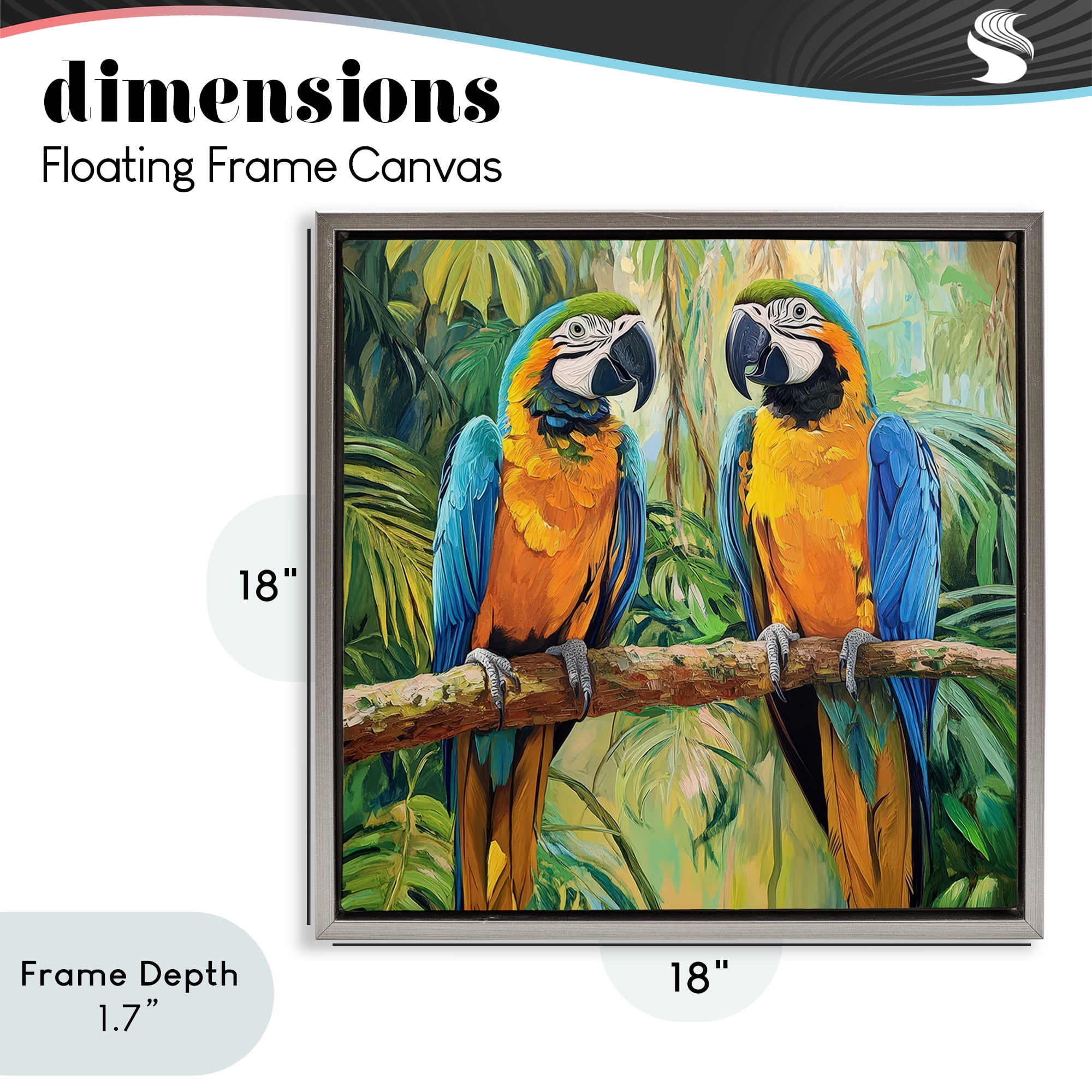 Stupell Industries Two Macaws Among Foliage Gray Framed Floater Canvas Wall Art, design by Petal Prints Design