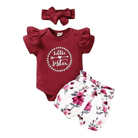 

Clearance!Summer Newborn Baby Girl Outfits Ruffle Short Sleeve Onesie Romper Ruffle Bloomers with Headband 3Pcs Cute Floral Shorts Set