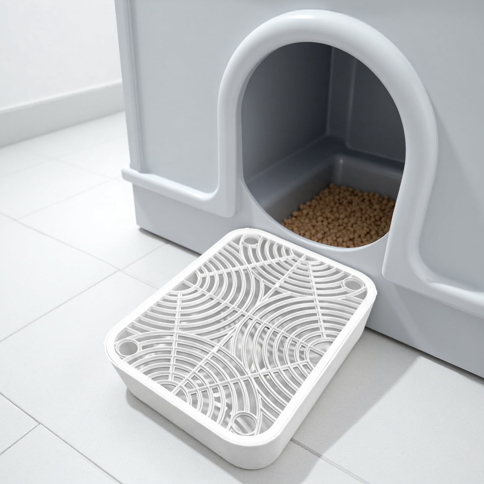 Cat Litter Mat with Filter - Washable Litter Box Ramp Traps Mess, Anti-Slip Base Prevents Tracking & Scattering, Easy Clean White Design