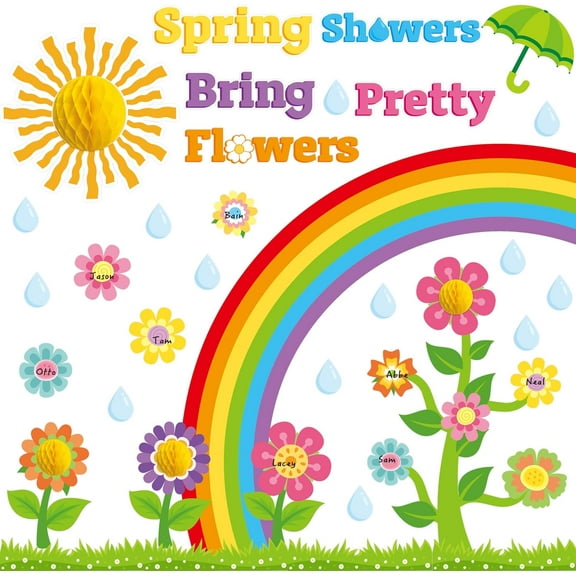 89Pcs Spring Showers Bring Pretty Flowers Bulletin Board Set Spring Rainbow Sun Honeycomb Flowers Raindrop Cutouts Name Tags Trim Border Springtime School Chalkboard Wall Decoration Supplies