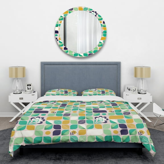 Designart 'geometric pattern with leaves and flowers' Mid-Century Modern Duvet Cover Set