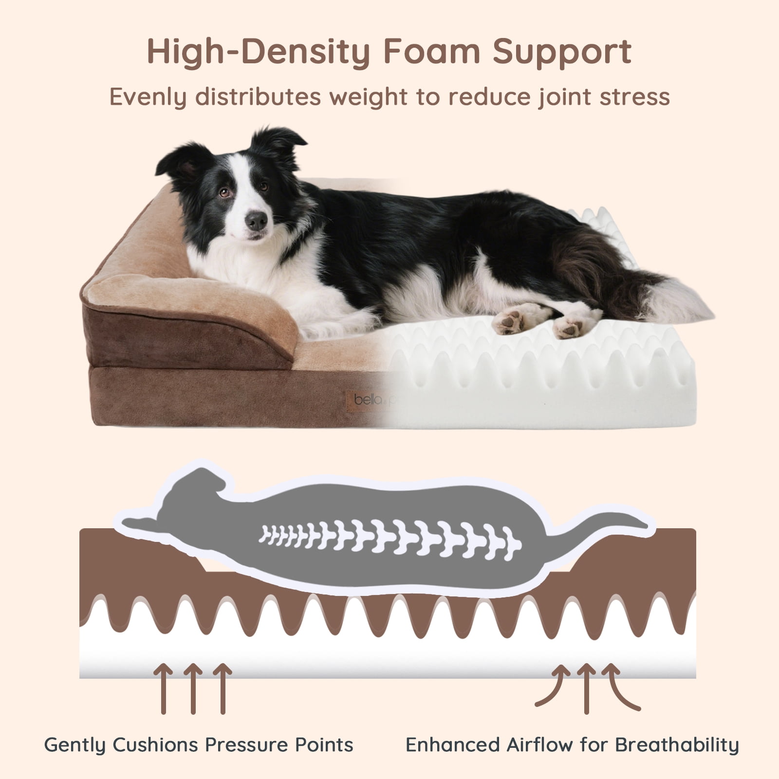 BELLA & PAL Orthopedic Dog Bed for Large Medium Dogs – No Assembly Needed, Egg-Crate Foam Dog Couch with Waterproof Liner, Washable Removable Cover, Non-Slip, 36"x27"x6.5", Mocha
