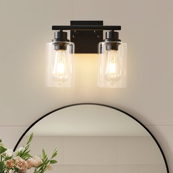 2-Light Black Wall Lamps with Clear Glass Shades, Modern Wall Sconce for Bedroom, Hallway