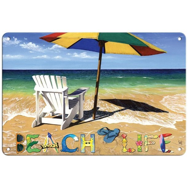 Letrero de aluminio vintage retro de metal "Vida playera" con sombrilla y vista al mar, ideal para decoración de pared de casa, bar, club, cocina, restaurante. Tamaño: 40,6 x 30,5 cm.