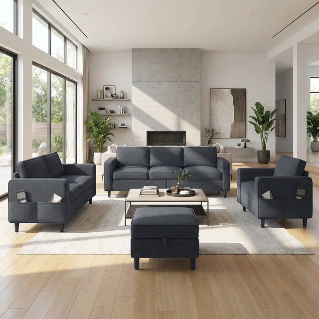 Mjkone 3 Pieces Living Room Furniture Sets, Linen Sectional Sofas and Couches Set with Storage Ottoman for Living Room, 3-Seater + Loveseat + Accent Chair + Ottoman,Dark Gray