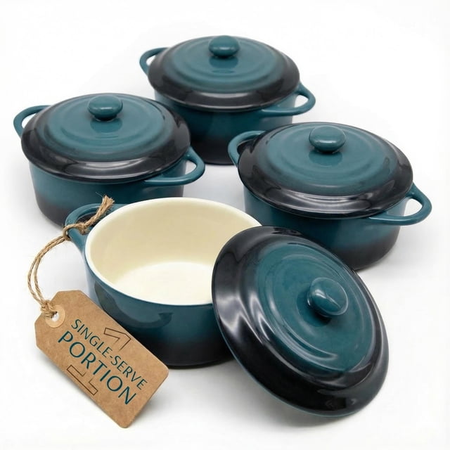 Kook Ceramic Mini Cocotte Set, Small Casserole Dishes with Lids and Handles, Individual Baking Ramekins, Oven safe 500F, Microwav