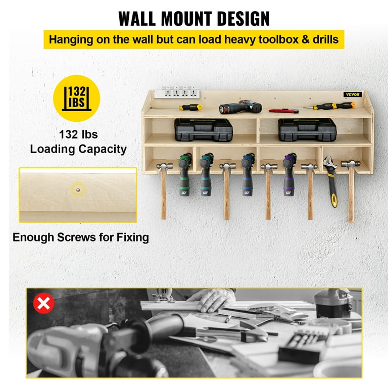 VEVOR Power Tool Organizer Wall Mount Drill Holder 10 Drill Hanging Slots Drill Charging Station 2 Shelf Cordless Drill Storage Polished Plywood