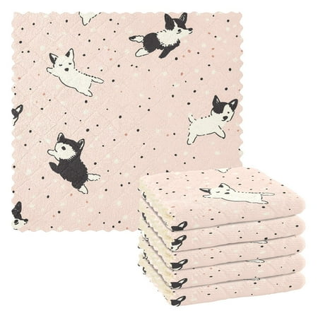 

6 Pieces Thickened Double Polyester Fleece Kitchen Towel - 28x28cm Strongly Absorb Water & Oil Stain Removal，A Pattern Of Small Dogs