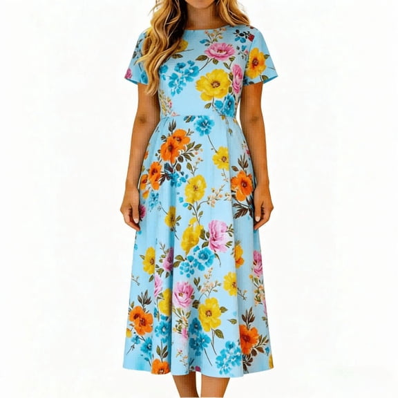 Qiopertar Women's Printed Dress Round Neck Fitted Casual Rose Print Vacation Party Stylish Stretch Floral Summer Dress, Light Blue XXL