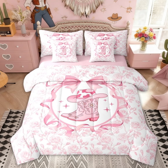 Erosebridal Cowgirl Cowboy Boots Floral Bow Twin Bedding Sets, Western Style Bedding Comforter Set for Girls, Pink Reversible, 7-Piece