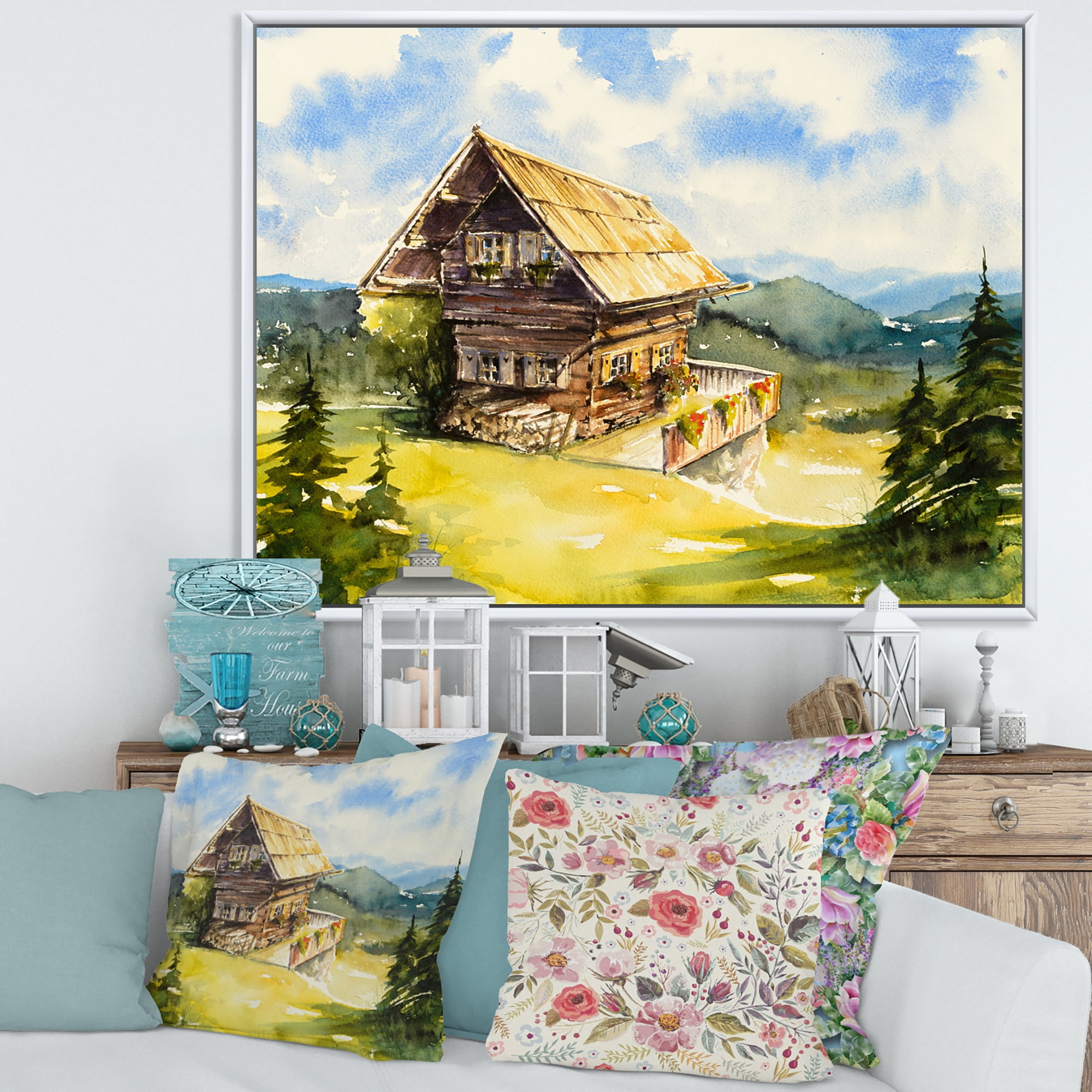 Designart 'Old Cottage At Summer With Peaceful Landscape' Traditional Framed Canvas Wall Art Print