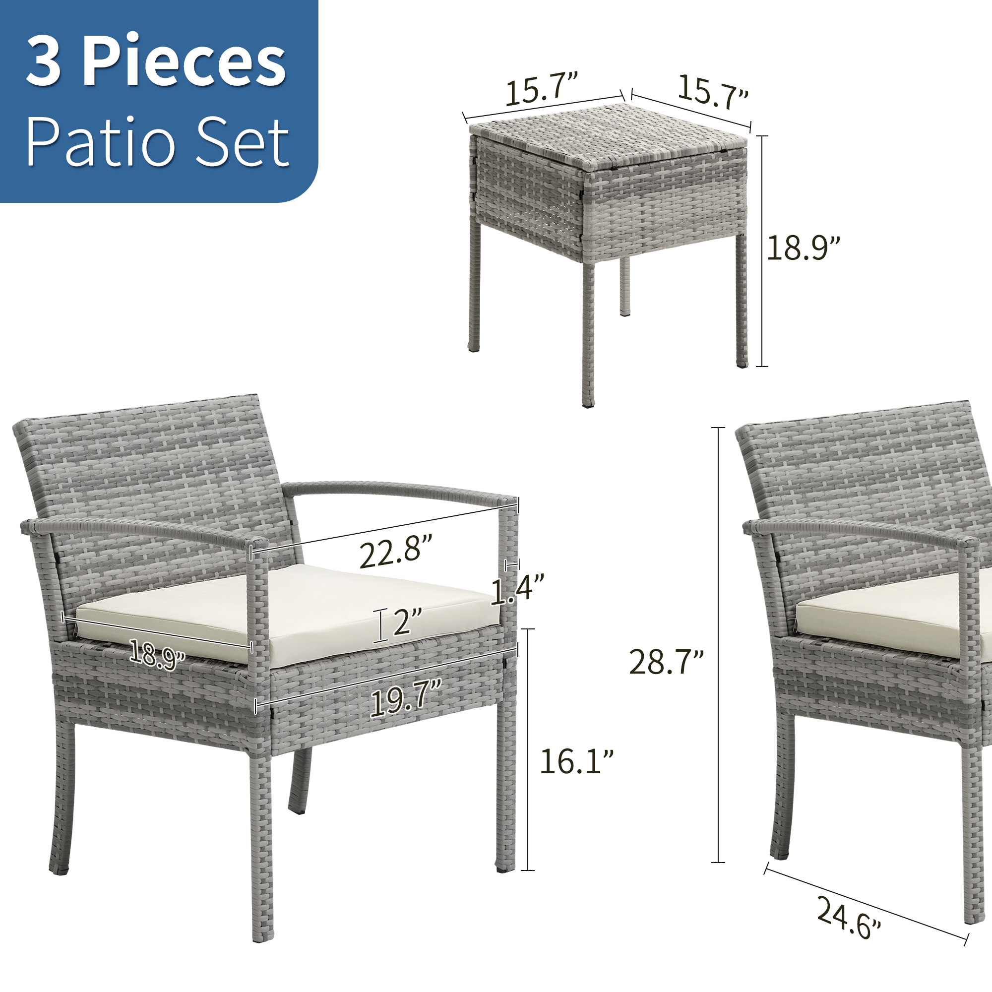FHFO 3 Pieces Wicker Bistro Set, Outdoor Rattan Patio Conversation Set with Cushions for Garden Balcony Backyard Porch Lawn, Grey Rattan & White Cushion - image 3 of 7
