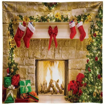 Image of Funnytree 8x8ft Durable Christmas Fireplace Backdrop No Wrinkles Fabric Interior Vintage Xmas Tree Stockings