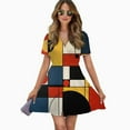 thumbnail image 2 of Mondrian Inspired Women Dress V-Neck Short Sleeve Flowy Swing Party Midi Dress, 2 of 4