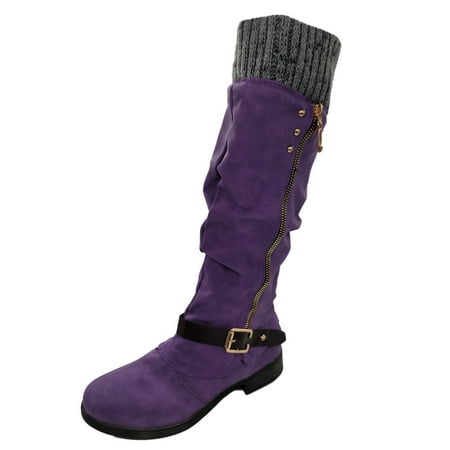 Quealent Mid Calf Boots For Women Round Toe High Heel Walking Shoes Slip-On Fall Boots (Purple 10.5)