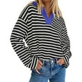 thumbnail image 3 of Women's Oversized Striped Sweatshirt Casual Long Sleeve V Neck Loose Fit Pullover Spring Tops Shirts, 3 of 7