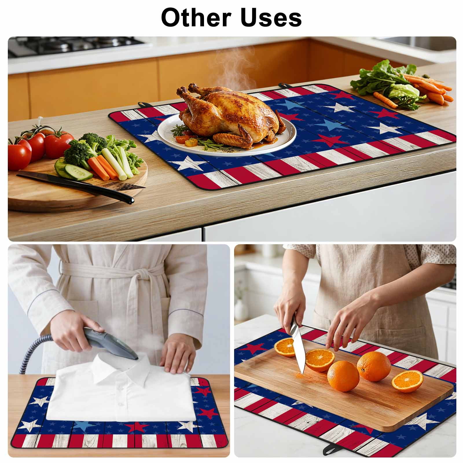 4th of July Stove Top Cover for Electric Stove, Heat-proof & Non Slip Glass Top Stove Cover Protector, Star Red Stripes Wood Independence Day Kitchen Flat Cooktop Rubber Mat 24x21 Inches