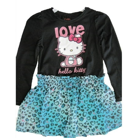 Hello Kitty Little Girls Black Blue Leopard Spot Applique Dress 4-6X