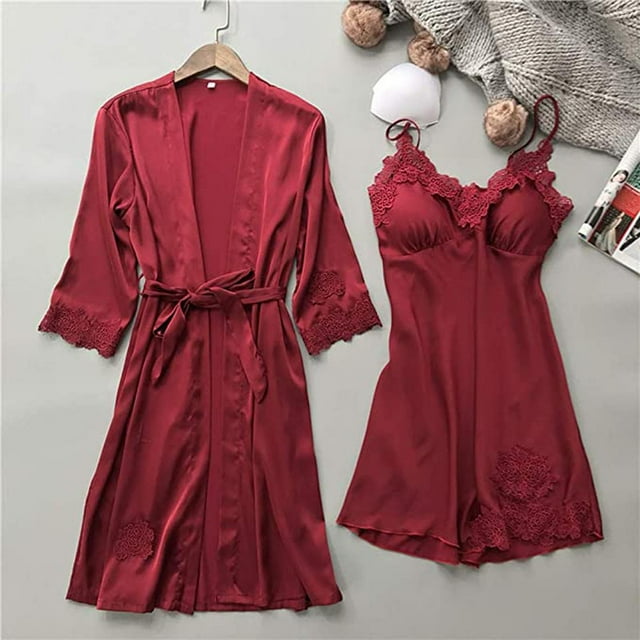 GATXVG Womens Short Satin Robes Nightgowns Sets, 2Pcs Kimono Bathrobe & Mini Slip Dress Sleepwear Set, Bride Bridesmaids Robe Dressing Gown, Lace-Trim Sexy Spa Pajamas Soft Comfy