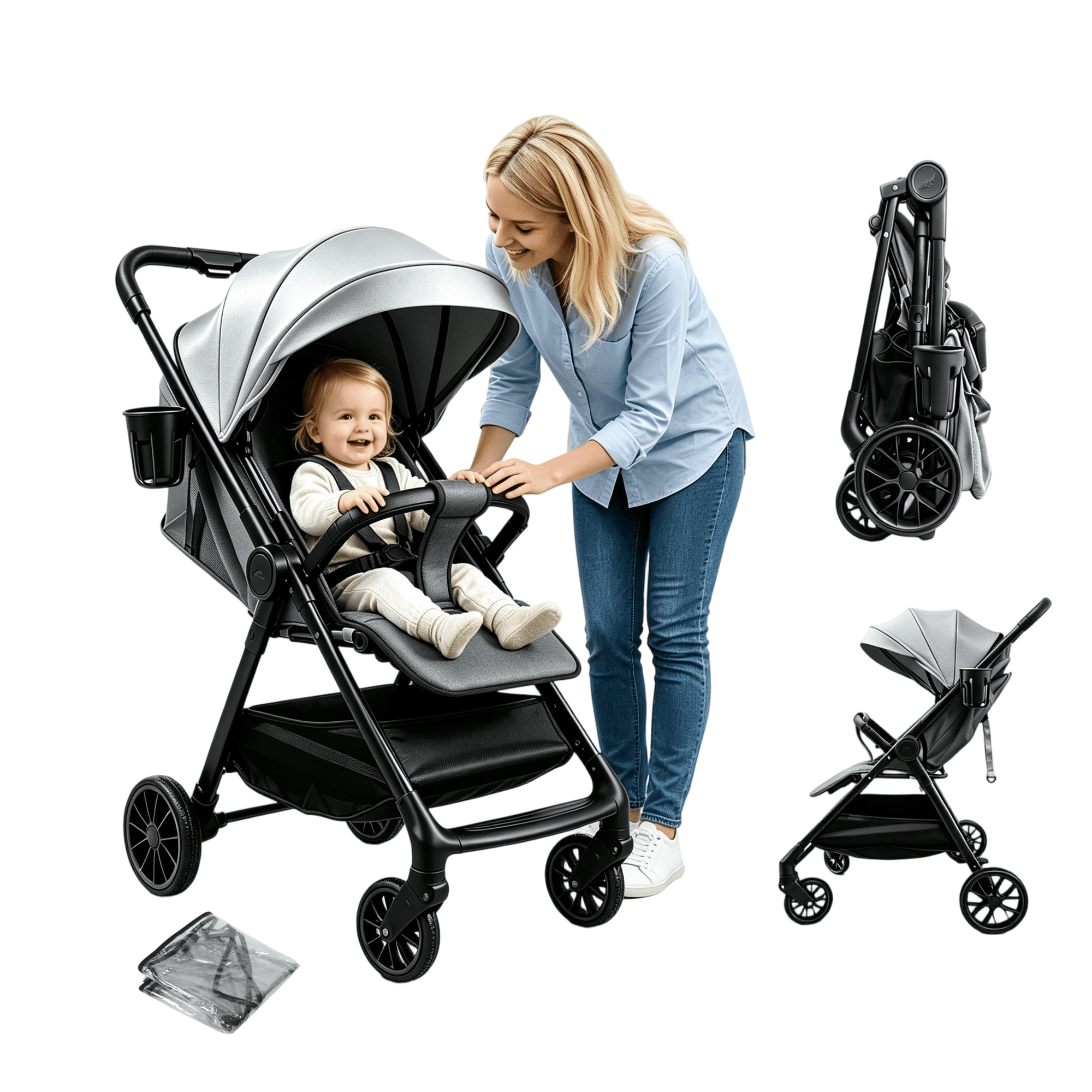 Lightweight Baby Stroller Portable Baby Pushchair Foldable Stroller for Newborns to Toddlers with PU Handle Unisex,Grey