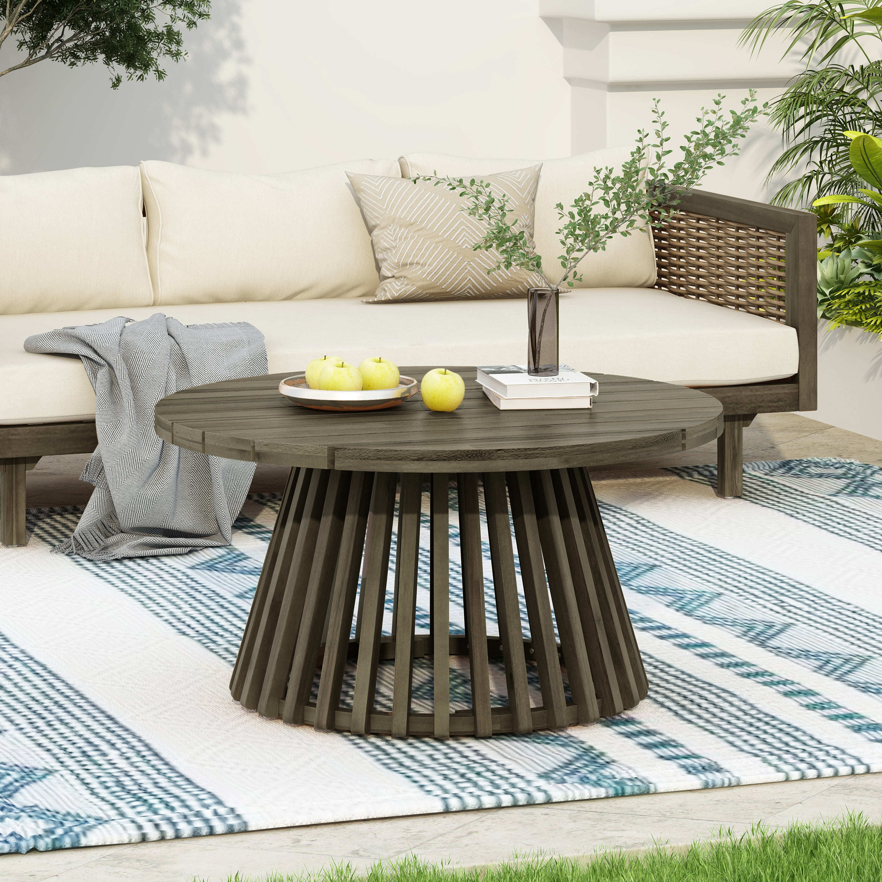 Round Coffee Table, Outdoor Acacia Wood Table for Backyard Lawn Balcony, Grey