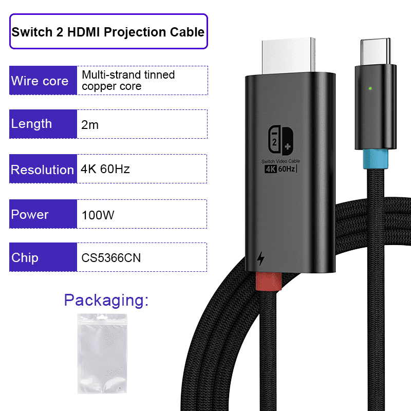 Switch 2 Portable Dock, 6.5ft 4K/60 Hz USB-C to HDMI TV Adapter for Switch 2/Switch OLED/Switch(Black)