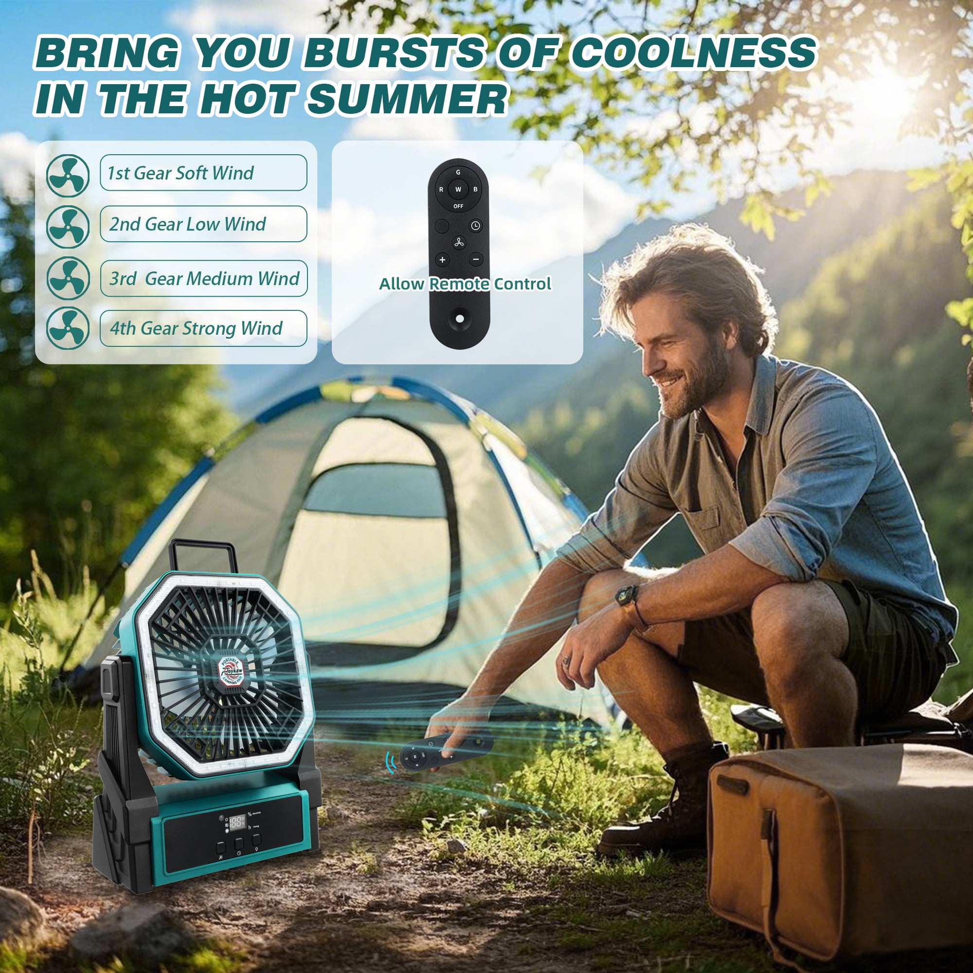 Roykaw Portable Fan Rechargeable 20000 mAH Battery Powered, Cordless Camping Fan, Ultra-bright LED Lights & Display, 36+ Hrs Work, w/Hang Hook, Handle for Travel, Fishing, Golfing, Indoor, Hurricane