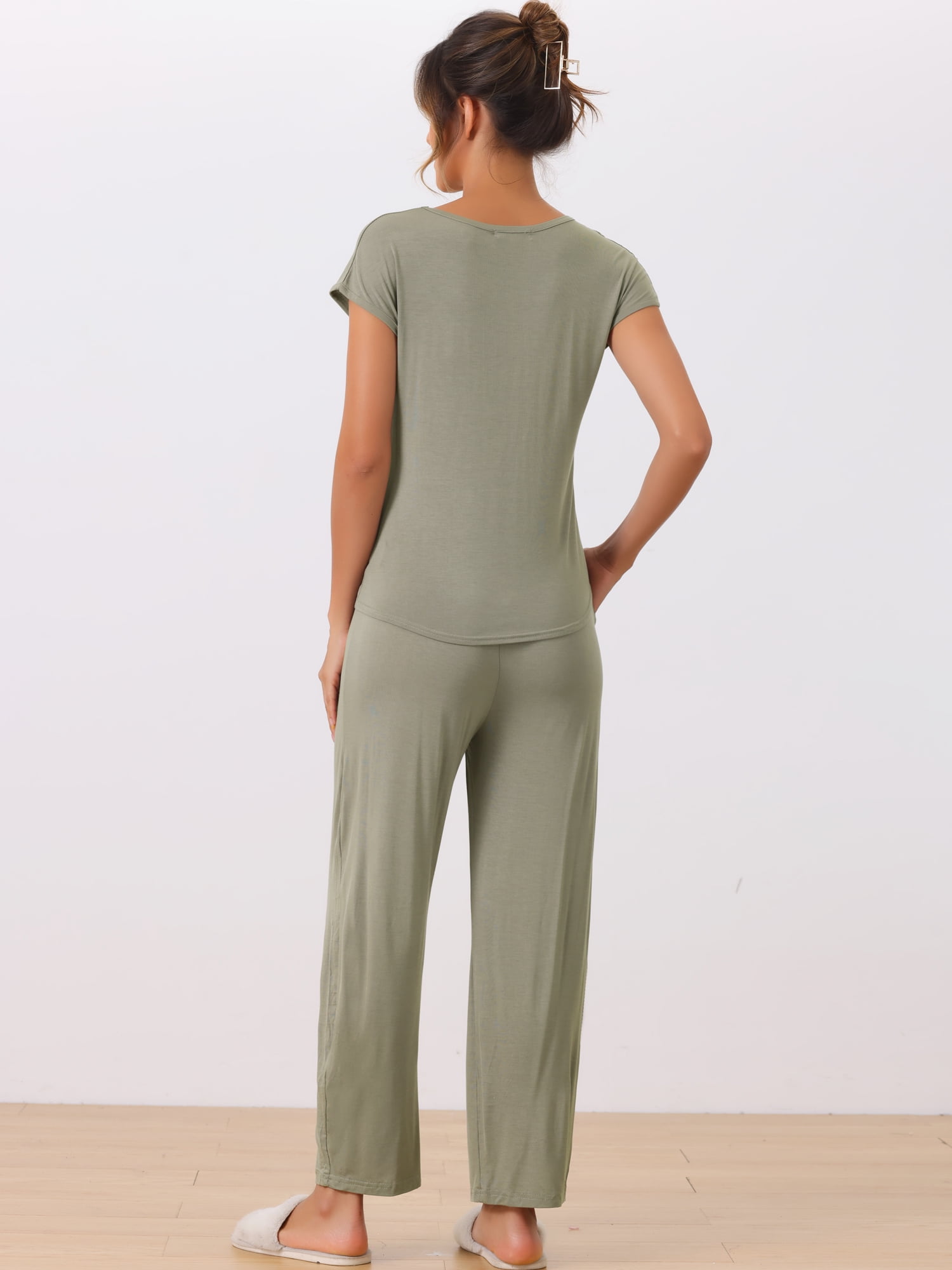 DARING DIVA Women's Short Sleeve Pajama Set Loungewear Long Pants Sweatsuit XS Grey Green