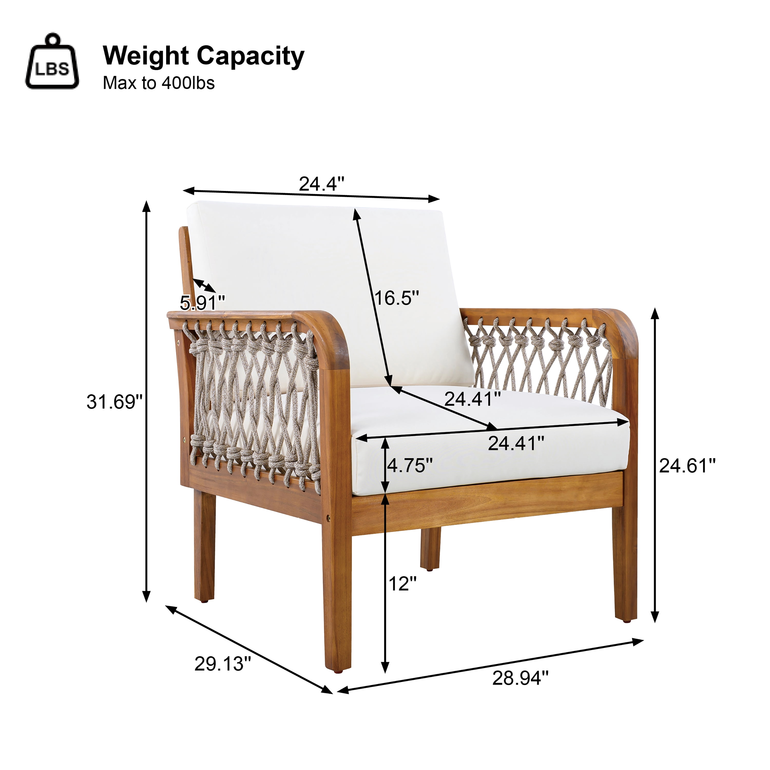 Club Chair, Outdoor Acacia Wood Chair with Handwoven Rope for Patio Garden, Teak and Cream