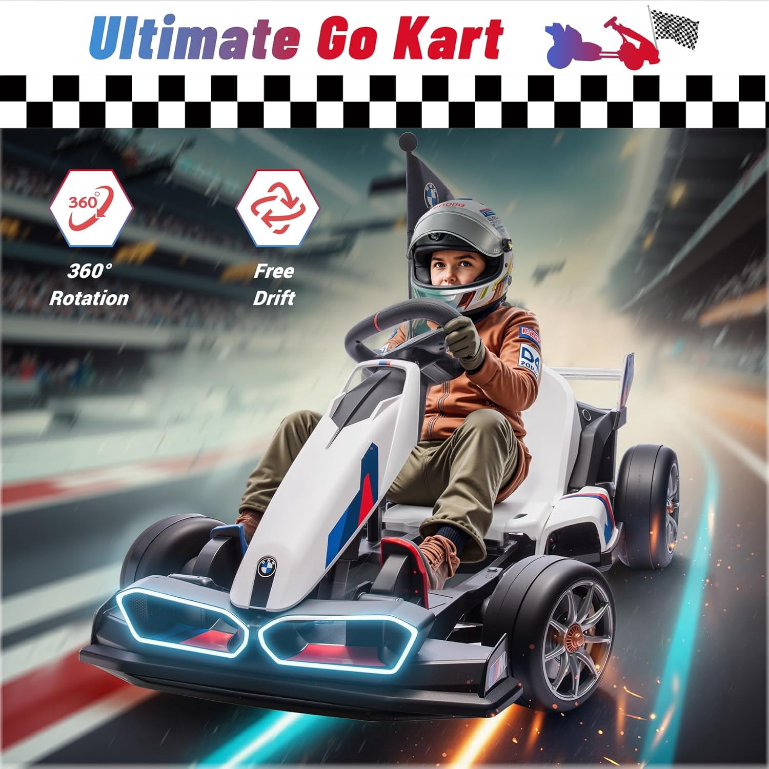 Licensed BMW Kids Electric Go Kart with Drift Mode, Dual 300W Motors, 36V Battery, Adjustable Seat & LED Lights, Akaber 2-Speed Drift Kart for Ages 6-12