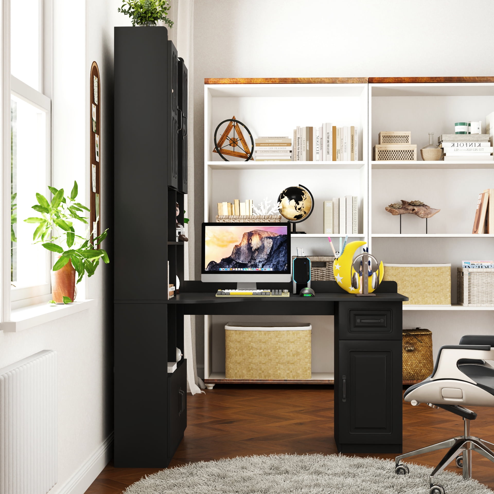 Euroco L-Shaped Corner Computer Desk for Home Office or Study desk, Study Modern Style Table with Drawers, Bookshelf & Hutch, 2-in-1 L-Shaped Design, Large Working Space,black