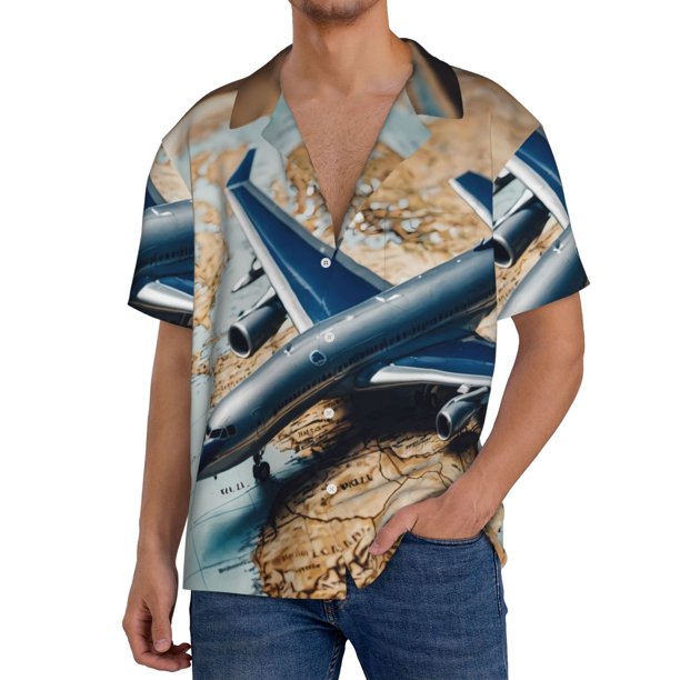 Fotbe Airplane World Map Adventure Camisa Estampada de Manga Corta para Hombre, Casual de Verano, Estilo Playero, Sin Arrugas-Small
