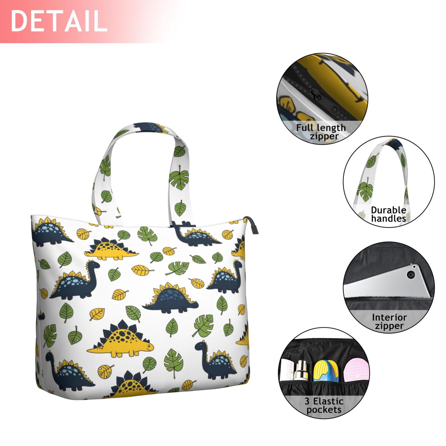 White Cartoon Dinosaurs Green Yellow Leaves Pattern Travel Tote Bags for Women Carry On,Large Weekender Bags for Women Travel,Multi Functional Duffle Bag for Work,Shopping,Sports