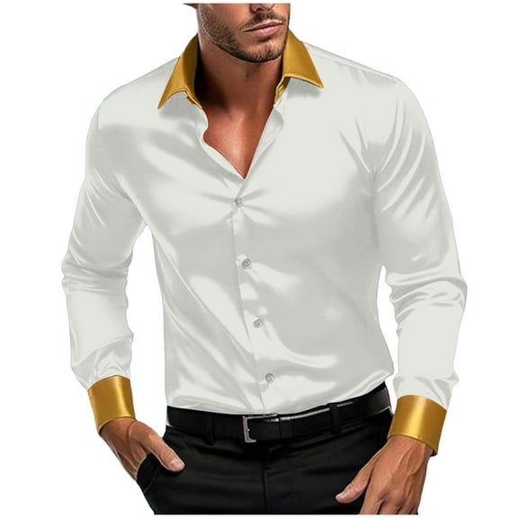 GuangCheng Mens Shirts,Satin,Long Sleeve,Button Down Shirts with Contrast Collar,Cuffs,Slim Fit,Luxurious Shiny Tops,White,Size 3XL