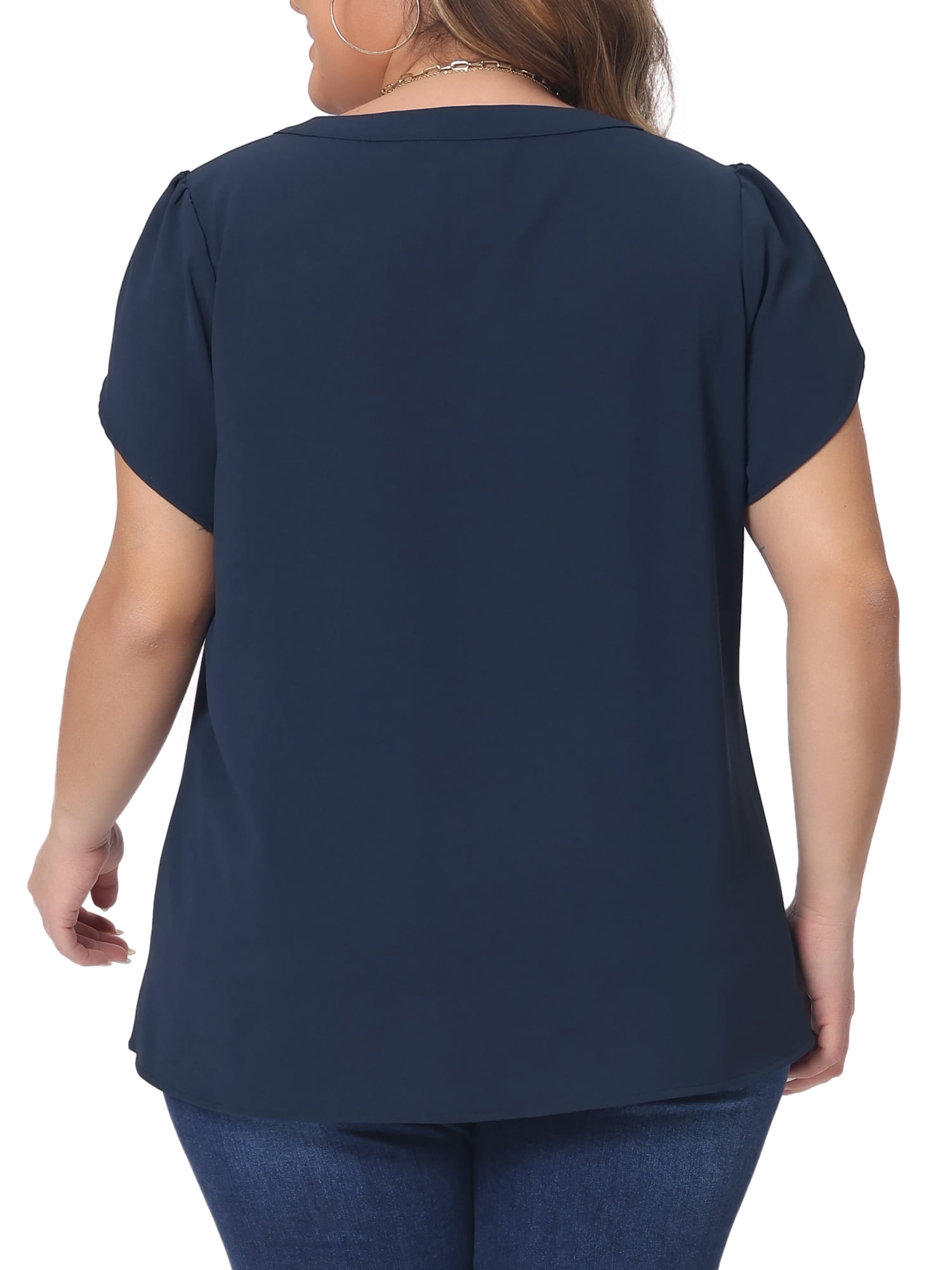 Women's Plus Blouses Notched V Neck Short Petal Sleeve Shirts Casual Dressy Tops 1X Dark Blue