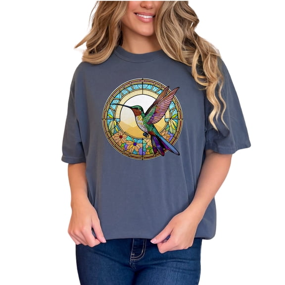 Hummingbird Stained Glass Art T-Shirt, Nature Lovers Graphic Tee, Colorful Bird Design Shirt, Unique Print T-Shirt, Gift for Bird Watchers, Denim Comfort Colors T-Shirt, Small