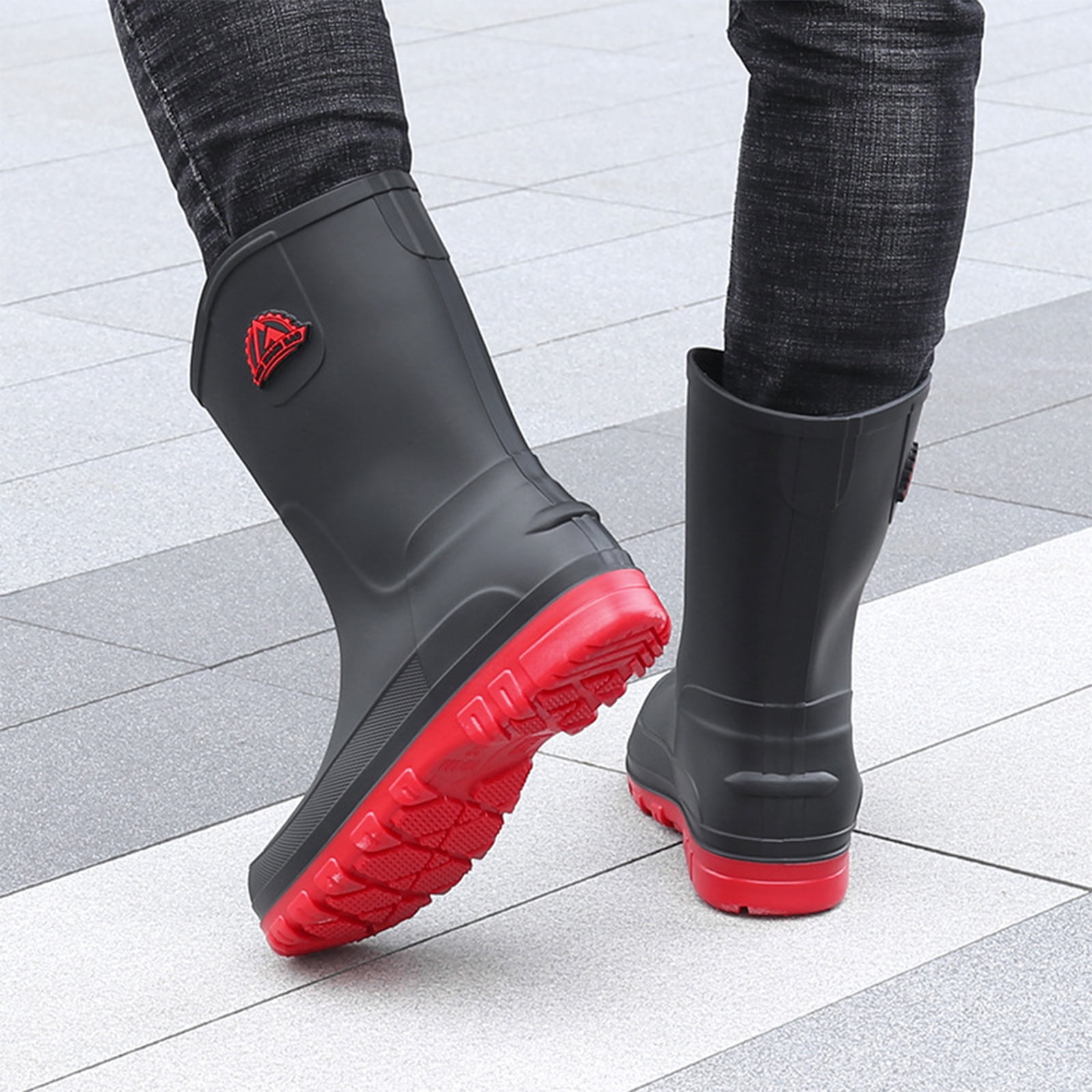 Liyufly Rain Boots for Men, Non-Slip Waterproof Rubber Boots Outdoor Garden Mid Calf Muck Work Shoes Rainboots for Fishing Climbing, Black & Red, Size 10.5