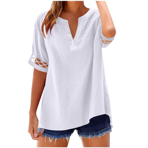 RQYYD Women's Linen 3/4 Sleeve Blouse V Neck Cutout Shoulder Casual Loose Fit Summer Beach Top