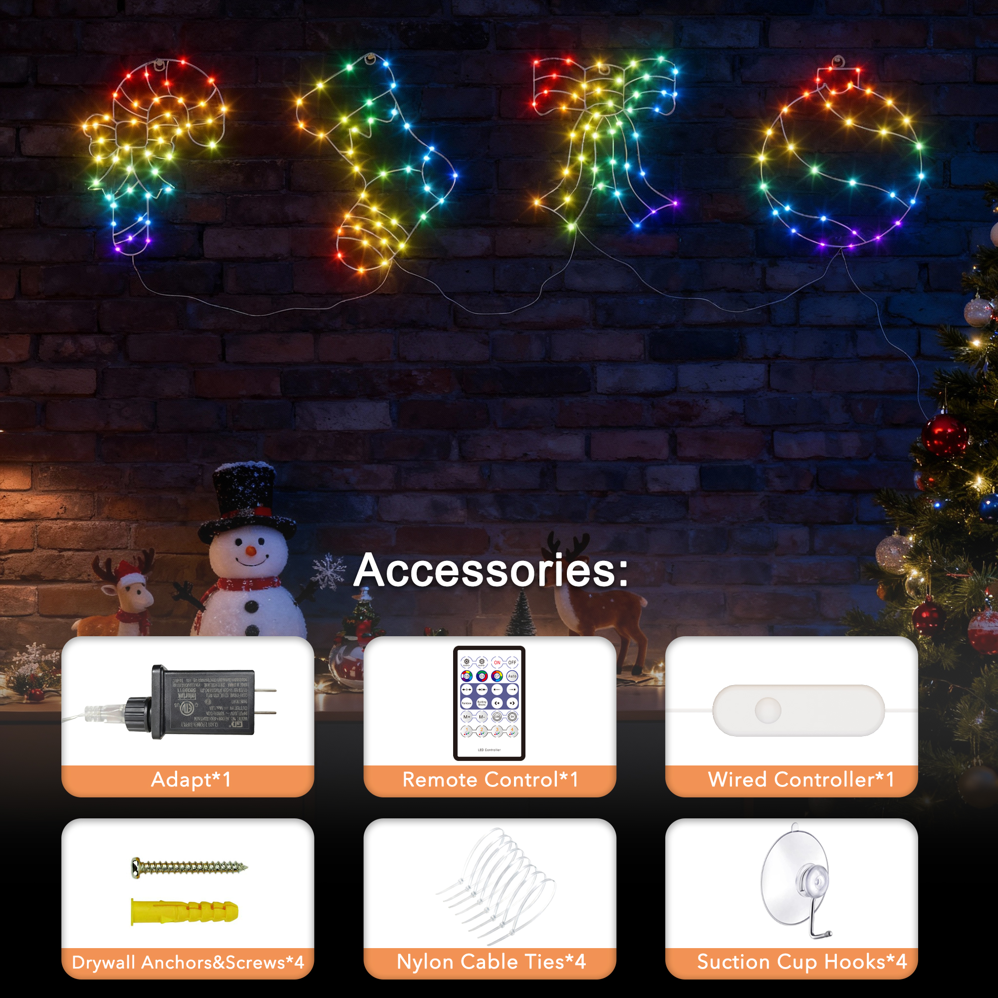 Beatineon Christmas Window Silhouette Lights, APP Controlled RGB Indoor Motif Lights with 4 Festive Designs(Ball,Socks,Crane,Bow), Remote, Timer & Music Sync for Holiday Home Decor