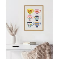 Kate and Laurel Botanical Coffee Shop Tea Cups Framed Wall Art by The Creative Bunch Studio, 12x16 Gold, Cute Coffee Mug Art for Wall