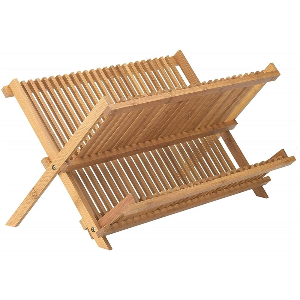 Bamboo Dish Drying Rack 2 Tier & Folding Collapsible 18.5" X 13
