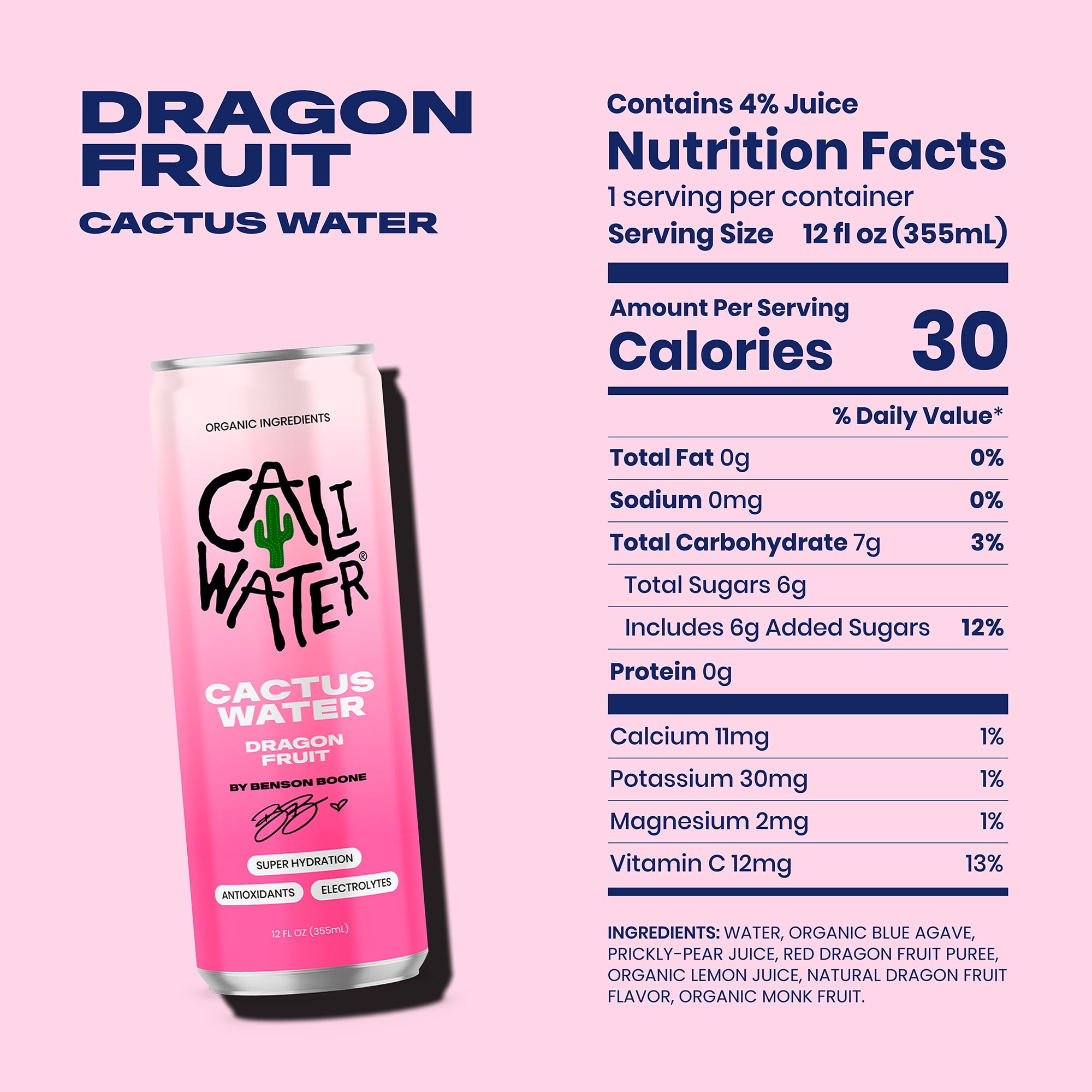 Caliwater Cactus Water, Dragon Fruit by Benson Boone, Coconut Water Alternative, 12 fl oz Can, 12 Pack