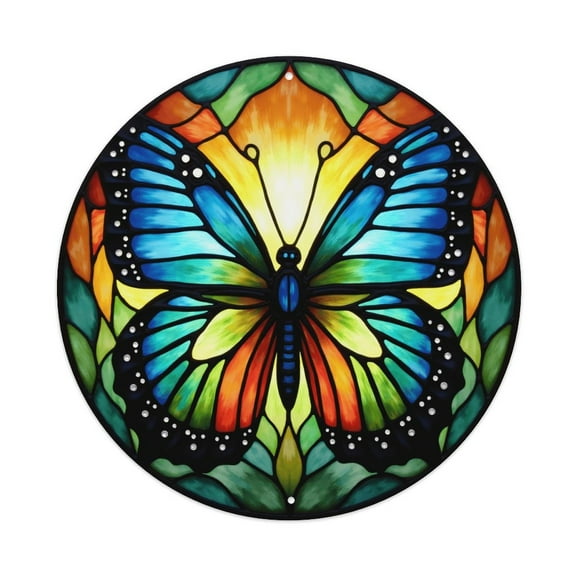 Butterfly Stained Glass Colorful Vintage Round Metal Tin Sign Nostalgic Metal Sign Home Decor for Bar Garden Kitchen Restaurant Garage 8x8 Inch