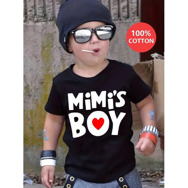 MiMi BOY 100% Cotton Graphic T-Shirt for Boys - Black with White "MiMi's BOY" Text & Red Heart Design, Soft & Breathable Summer Casual Tee, Machine Washable