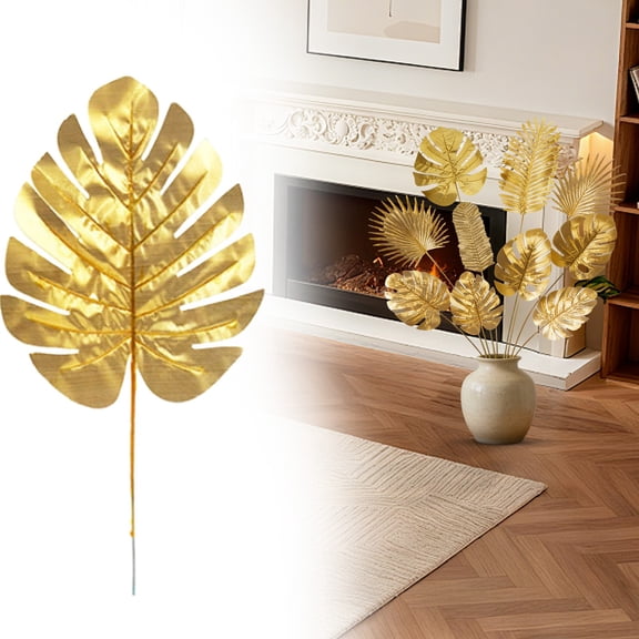 Golden Artificial Monstera Leaves with Stem Small Size, Faux Gold Monstera for Home Wedding Party Decor