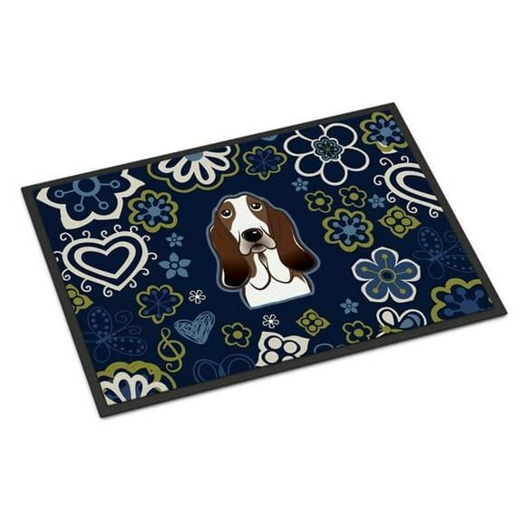 18 x 27 in. Blue Flowers Basset Hound Indoor or Outdoor Mat